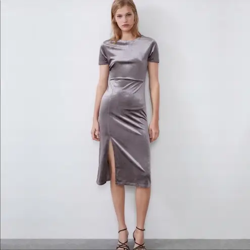 ZARA  velvet midi dress in metallic taupe grey‎ Size Small