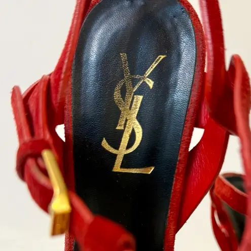 Saint Laurent YSL Tribute Platform Sandal in Red Suede Size EU 37.5