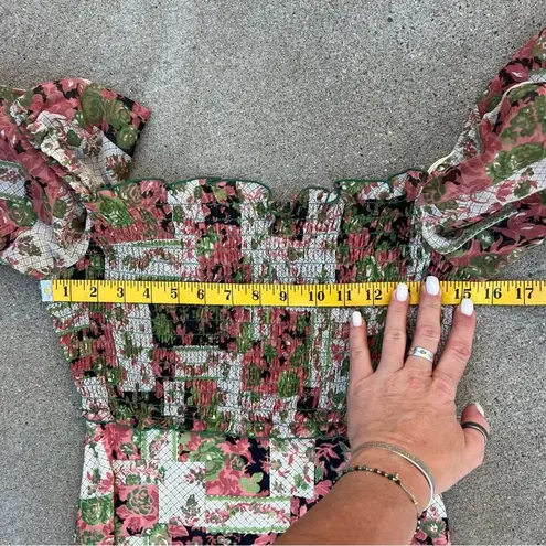 VTG 70s green pink patchwork floral garden party sheer puff sleeve prairie dress Size XS