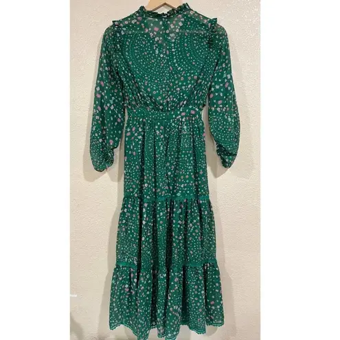 Three Floor Hansen Green Floral Pink Flower Ruffle Tiered Long Sleeve Maxi Dress