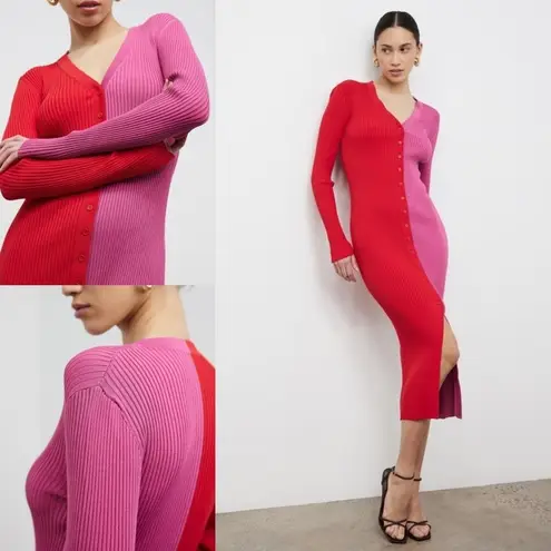 STAUD Shoko Ribbed Cardigan Sweater Dress Colorblock Two Tone Midi Pink Red