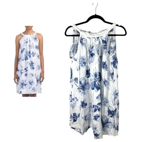 Bella Umbra Italy Linen White Blue Floral Resort Sleeveless Flowy Dress Medium
