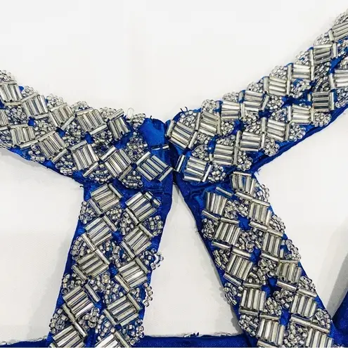 Minuet Royal Blue Cocktail Evening Halter Dress with Beaded Straps & Open Back