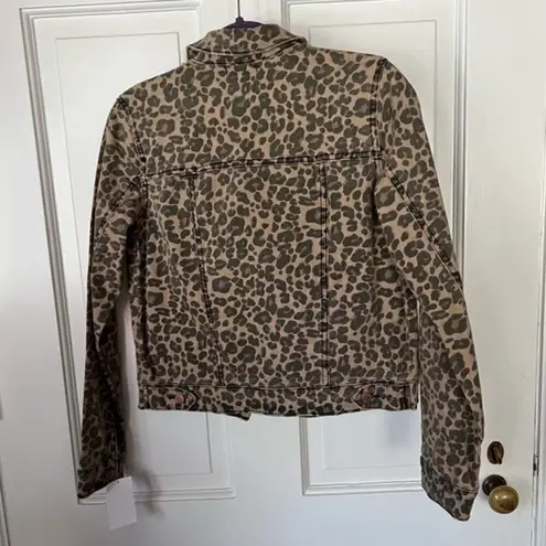 See Thru Soul Fitted Leopard Animal Print Denim Trucker Jacket Size XS NWT Tan