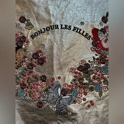 ZARA  Outerwear Silver Metallic Bomber Jacket Embroider Floral Butterflies Size M