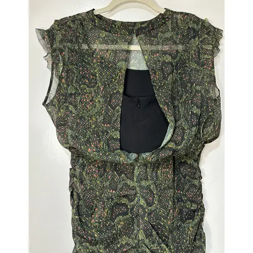 ALLSAINTS Hali Tamora Snake Print Mini Dress Khaki Green Sz 6 NWT Ruffles Lined