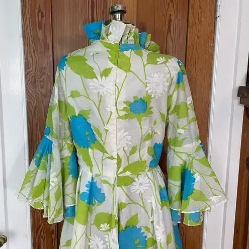 Vintage Handmade Romantic Maxi Dress Ruffle Neck Bell Sleeves Bird Appliqué ~M Blue Size M