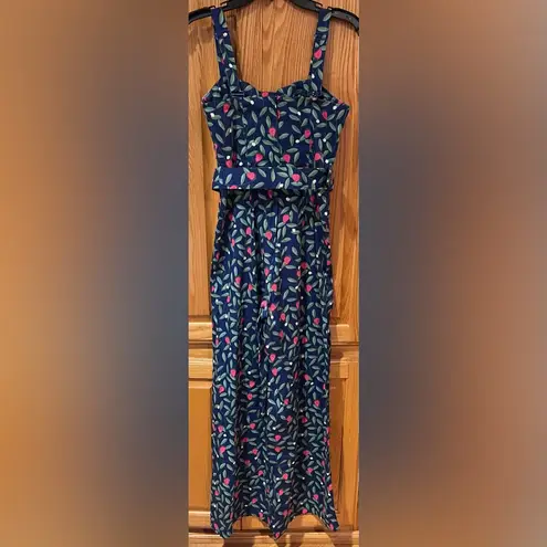 COLLECTIF Olympia Square Neck Belted Strawberry Vine Jumpsuit Size Small (6) Blue