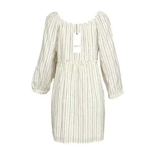 EMERSON FRY Jasmine Button Down Dress, Ivory Hemp Stripe Organic, Large Blue