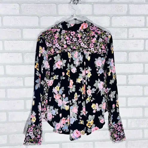 Free People  Hold on to Me Black Floral Button Down Shirt Size XS