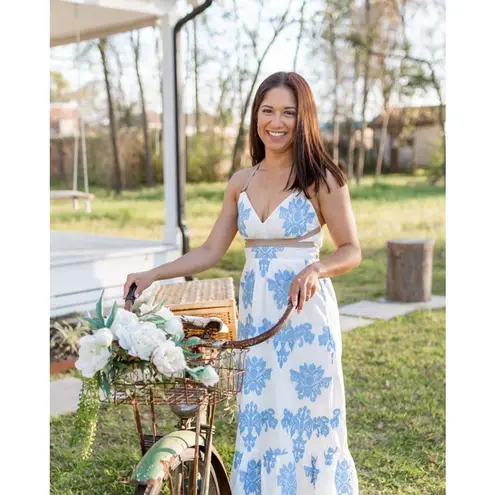 A loves A Coastal Wrap Corset Dress Womens Size L Blue White Embroidered Floral