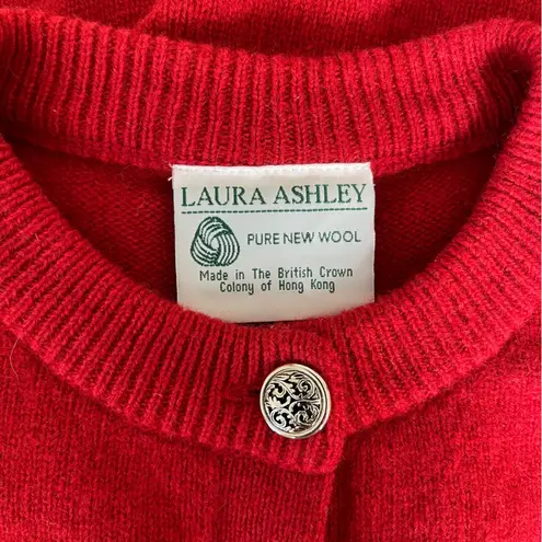 Laura Ashley Vintage Red Wool Knit Cardigan Silver Buttons Pockets Medium