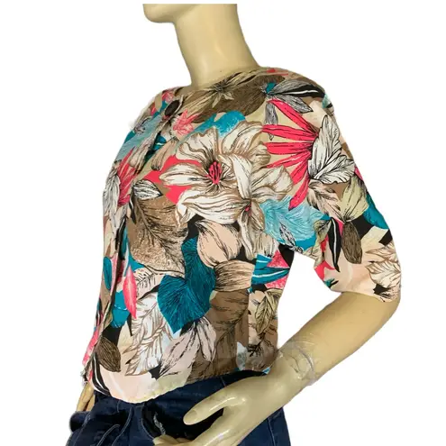 VINTAGE 1980'S JESSICA SCOTT TAUPE, SALMON & TURQUOISE FLORAL PRINT COTTON TOP S Pink