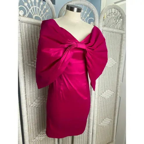 AOMEI Fuchsia Satin Bow Dress Statement Off Shoulder Cocktail Party Mini M Pink Size M - Image 3