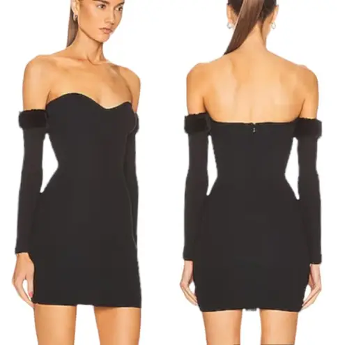 Staud Josee Knit Strapless Mini Dress with Faux Fur Trimmed Sleeves Black M NWT Size M