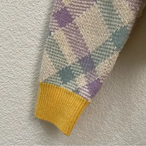 Checkered Plaid Yellow/Purple V Neck Knit Cropped Cardigan Sweater Yellow