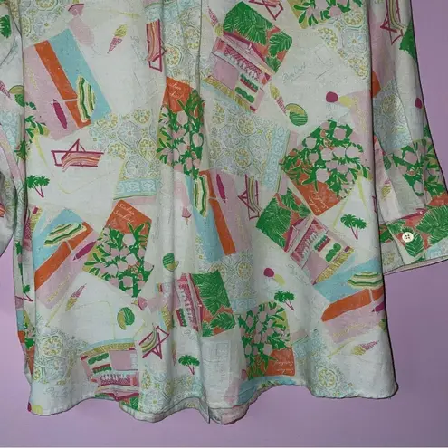 d&co Blouse L Linen Blend Colorful Pineapple Beach Print Button Collar Blue Size L