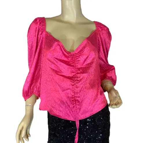 Vine & Love PINK SATIN LEOPARD PRINT PUFFED SLEEVE DRAWSTRING BLOUSE (3X)