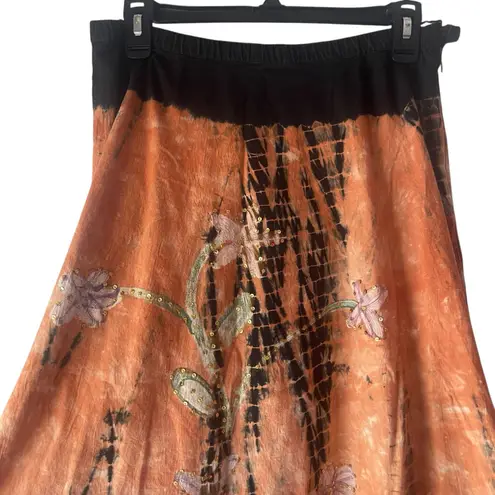 Forbidden Y2k Medium Black Tie Dye Sequin Floral Art Fairy Cotton Midi Skirt