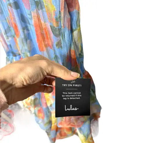 Lulus Perfectly Divine Blue Floral Tulle Tiered Ruffled Midi Dress large nwt