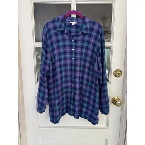 J. JILL Purple Teal Plaid Textured Crinkled Button Front Tunic Shirt Size Lp