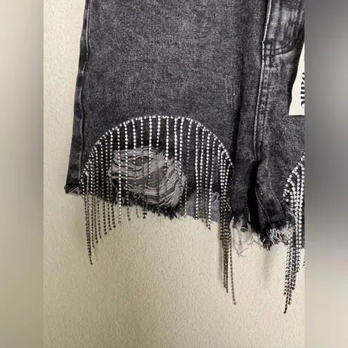 NWT Savanna Jane Black Distressed Denim Rhinestone Fringe High Rise Shorts L Size L