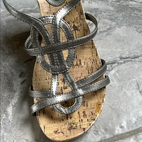 Unlisted Silver Wedge Sandals with Metallic Straps Cork Heels