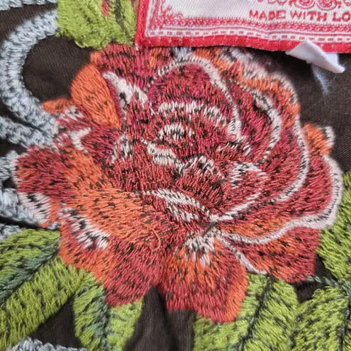 Johnny Was LA Dress Womens XS Brown Floral Embroidered Applique Babydoll V-Neck