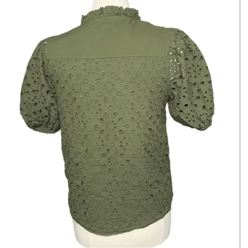 PRETTYGARDEN Pretty Garden Olive Eyelet Puff Sleeve Split Neck Cotton Blouse Size Small