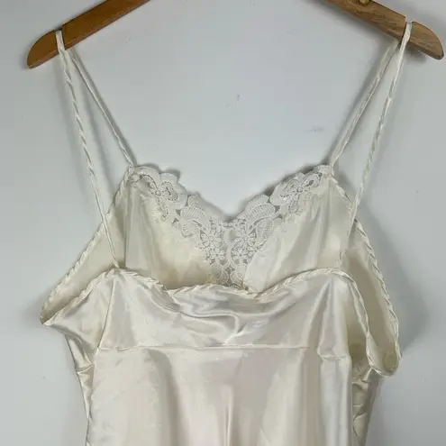 Vtg Y2K Cinema Etoile Satin Slip Cami Tank Embellished Lace Sz Large White