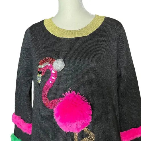 Ugly Christmas sweater pretty flamingo palm trees 99 Jane street tropics small Black
