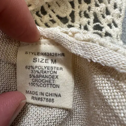 NWOT Paper + Tee Top Women's M Crochet Trim Button Up Neutral Color Casual Tan Size M