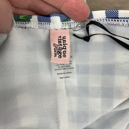 Unique Vintage Navy Gingham Floral Halter Tie Romper Style Swimsuit Sz.S/4 NWT