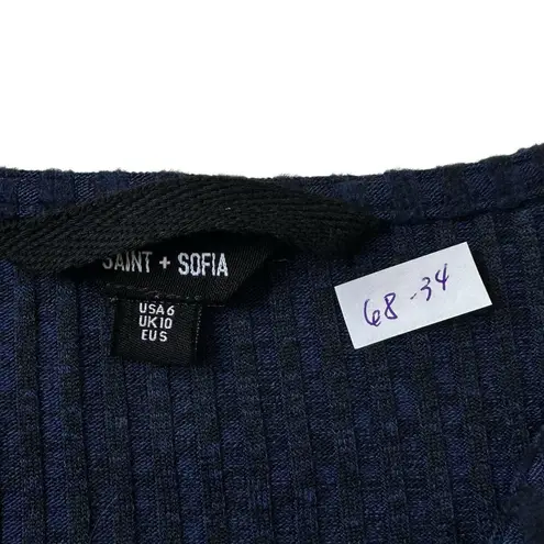 Saint + Sofia Blue Ribbed Knit Victory Wrap Blouse Women Size 6 | 68