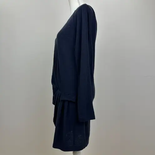 Hanii Y Wool Dress Long Sleeve Draped Navy Blue Round Neck Minimalist Medium.