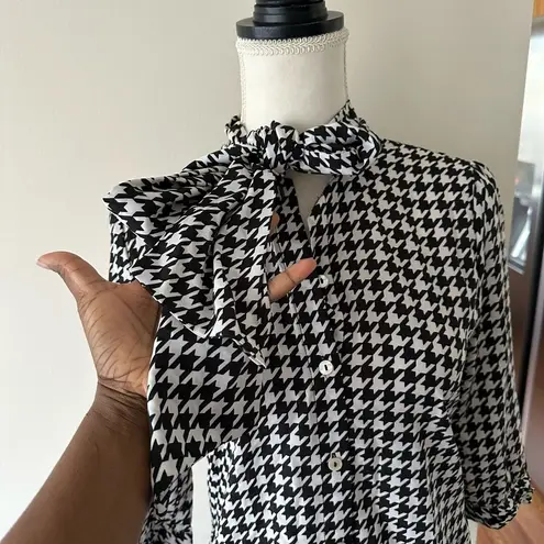 Kardashian Kollection  Blouse Houndstooth Bow Long Sleeve Dark Academia Sz XS