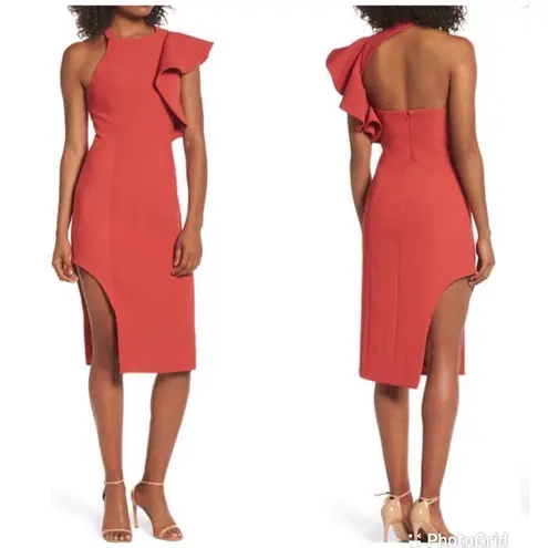 C/MEO COLLECTIVE C\MEO Collective Red One Shoulder Fitted Midi Dress Thigh Slit Cocktail XS New