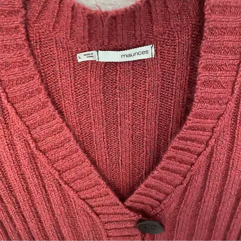 Long Sweater Burnt Red Rust Low V Ribbed with Oversized Button Size L