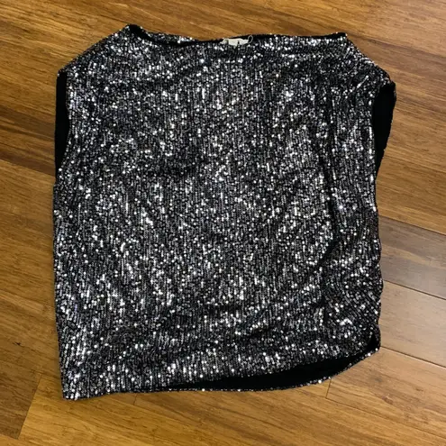 Elan Sequin Top Womens Size Medium Sleeveless Blouse Party Sparkle Ruched Black