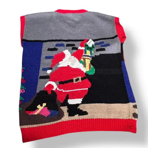Vintage Berek 80s Hand Knit Christmas Vest Santa Tree Scene Pima Cotton Festive Blue Size L