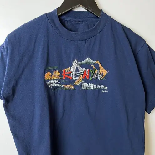 Vintage Kenya T Shirt XL Safari Embroidered Wildlife Nature Tee Dash Lions Blue