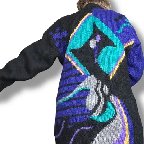 Vintage 80s Wool Mohair Cardigan Sweater Black Purple Geometric Abstract Art Blue Size M