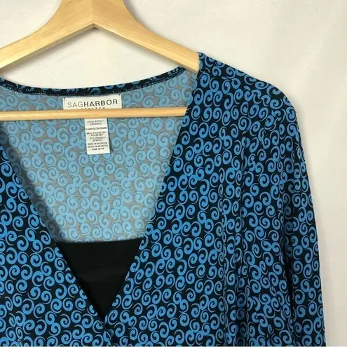 Sag Harbor Swirl Blue & Black Drape Front Long Sleeve Blouse XL