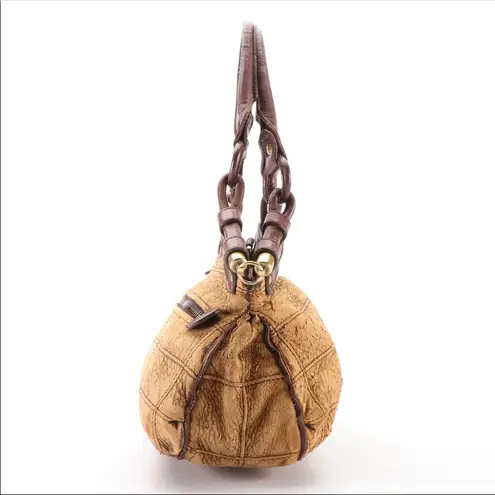 Salvatore Ferragamo TAN & BROWN DISTRESSED EMBOSSED LEATHER W/GANCINI FRINGE