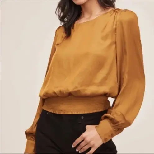 ASTR  The Label Gold Satin smocked long sleeve top size X small