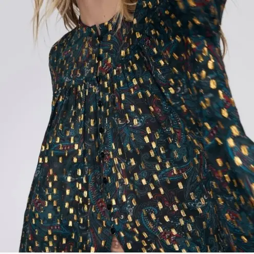 ZARA  Cropped Oversized Metallic Gold Sheer Paisley Print Button Down Blouse M