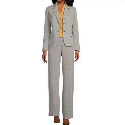 KASPER Plaid Notch Lapel Long Sleeve Flap Pocket Coordinating Two Button Jacket Gray Size 16