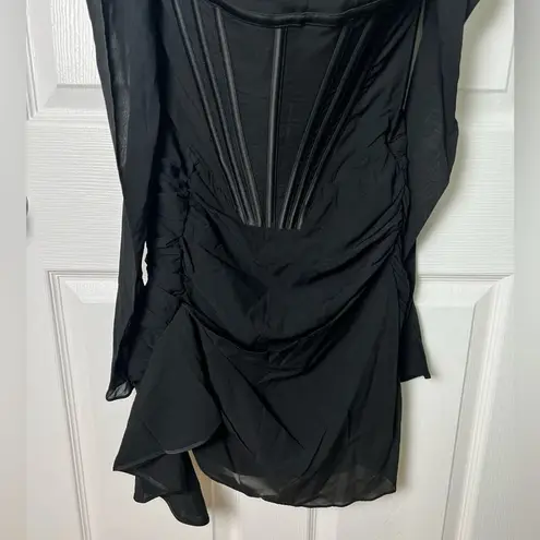 House Of CB Black Silk Gianna Corset Cold Shoulder Long Sleeve Body-Con Dress S