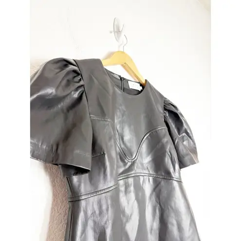 Tanya Taylor Antonella Mini Dress Size 6 Black Pleather Puff Sleeve Cocktail
