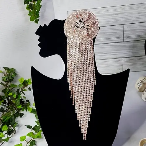 Large Statement Petal Flower Brooch Pin Rose Gold Rhinestone Fringe New